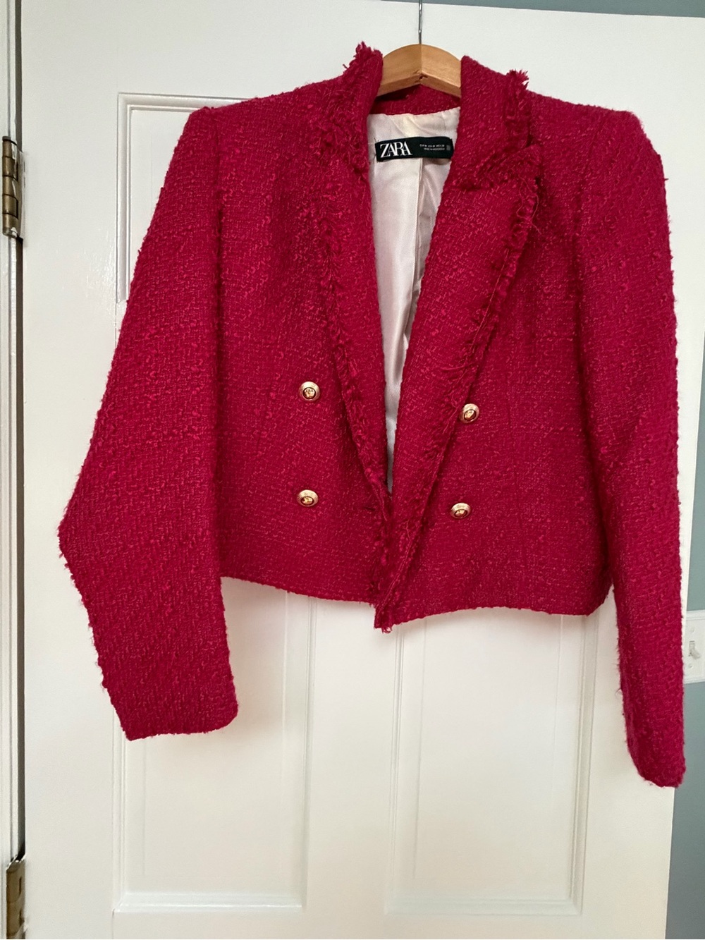 ZARA Hot Pink Tweed Double-Breasted Cropped Blazer